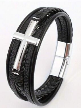 Faux Black Leather Bracelet with Gold Cross, Braided Faux Leather Cross Bracelet
